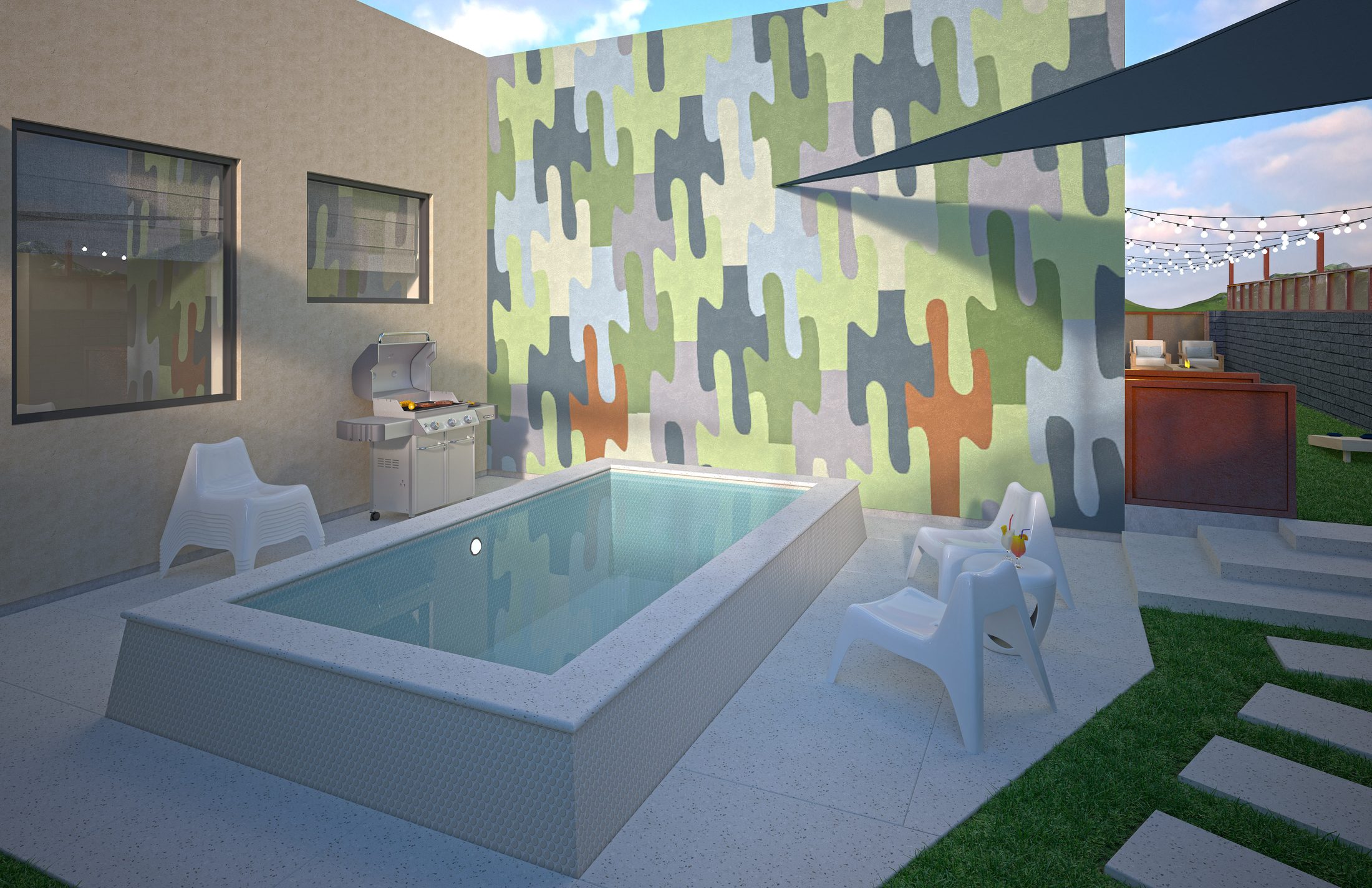 Outdoor living space with mural and patio